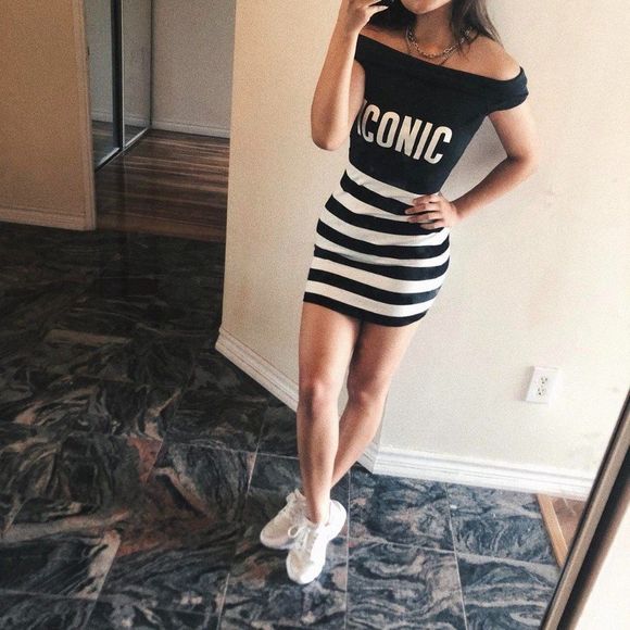 never worn, ICONIC off-the-shoulder horizontally-striped bodycon mini dress - Picture 1 of 4